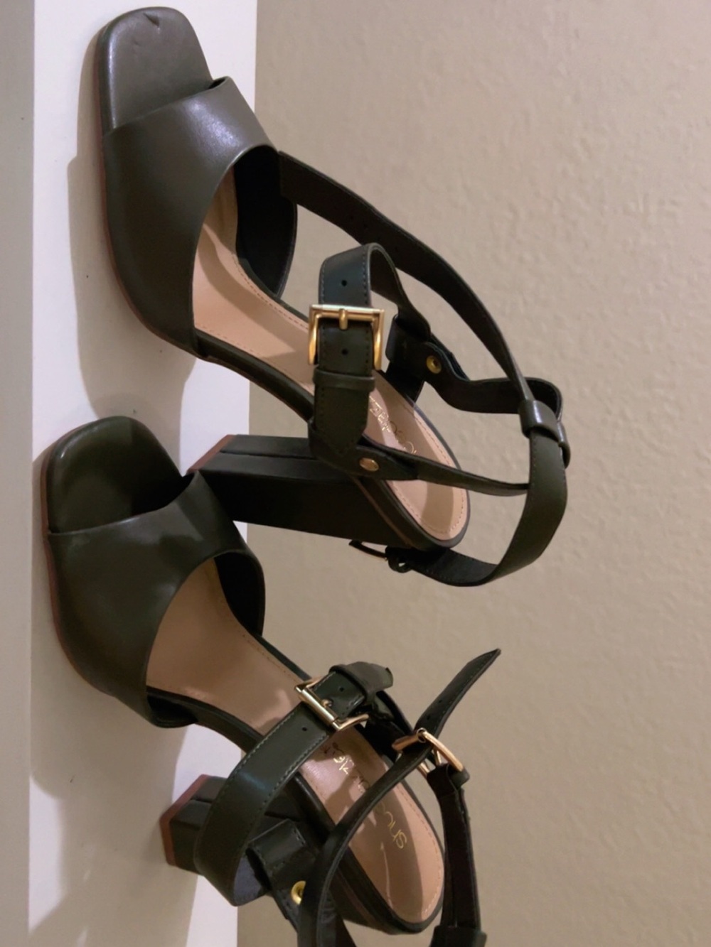 Shoe Dazzle Olive Green Block Heel Sandals with Gold Buckles